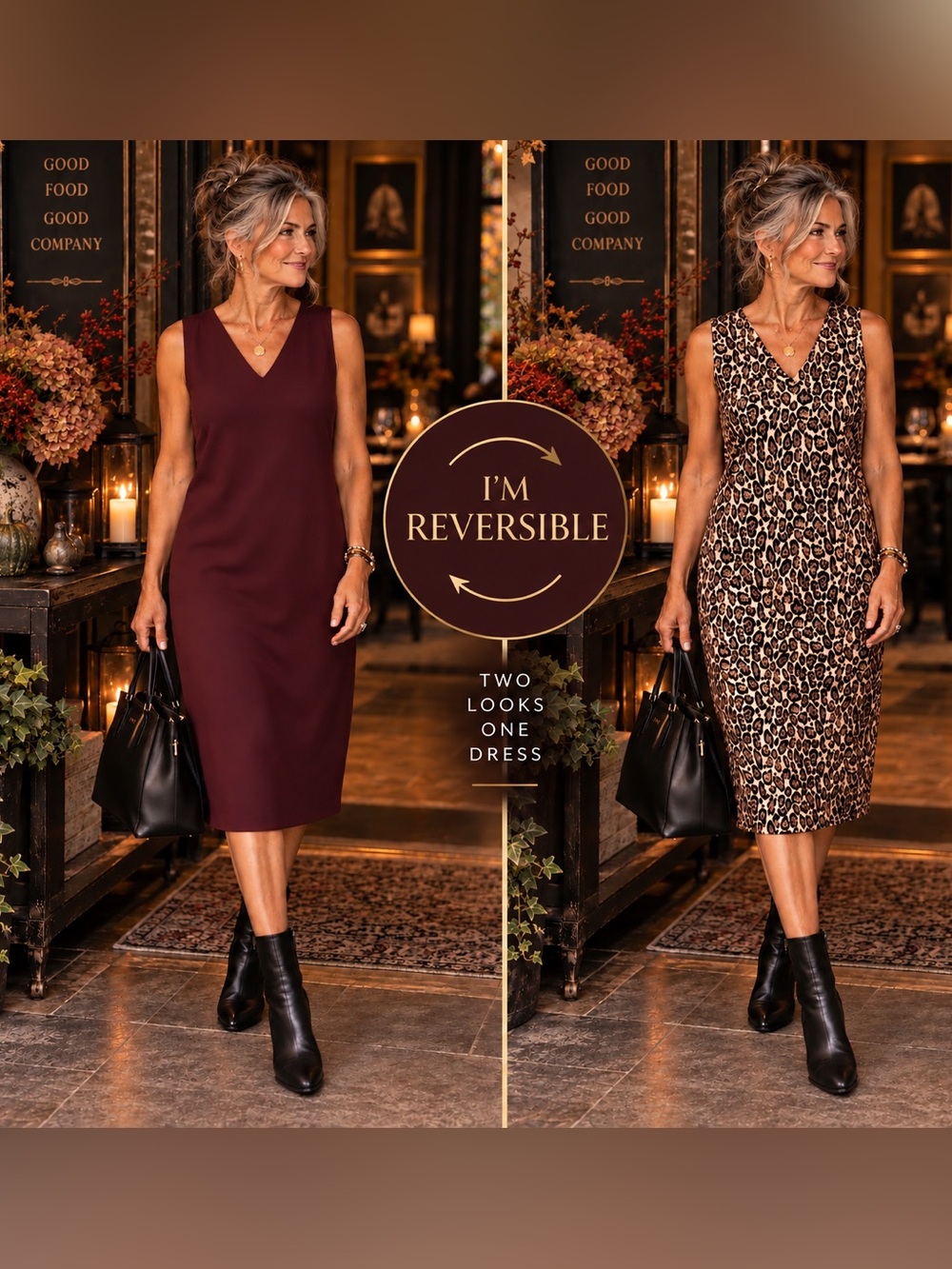 White House Black Market Reversible Leopard Print Burgundy Sheath Dress – Size L